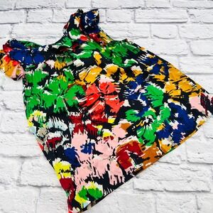 J. Crew Silk Ruffle Tank Blouse Womens Size 6 Black Multi Floral Abstract